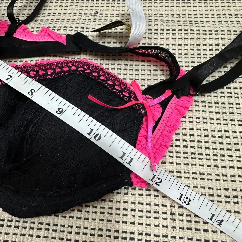 Y2K Black Hot Pink Ruffle Lace Bustier Maid Lingerie